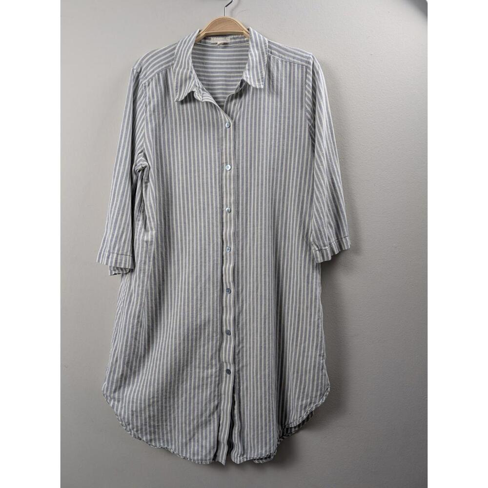 Eileen Fisher Organic Cotton & Hemp Blue & White Striped Button Up Shirt Dress